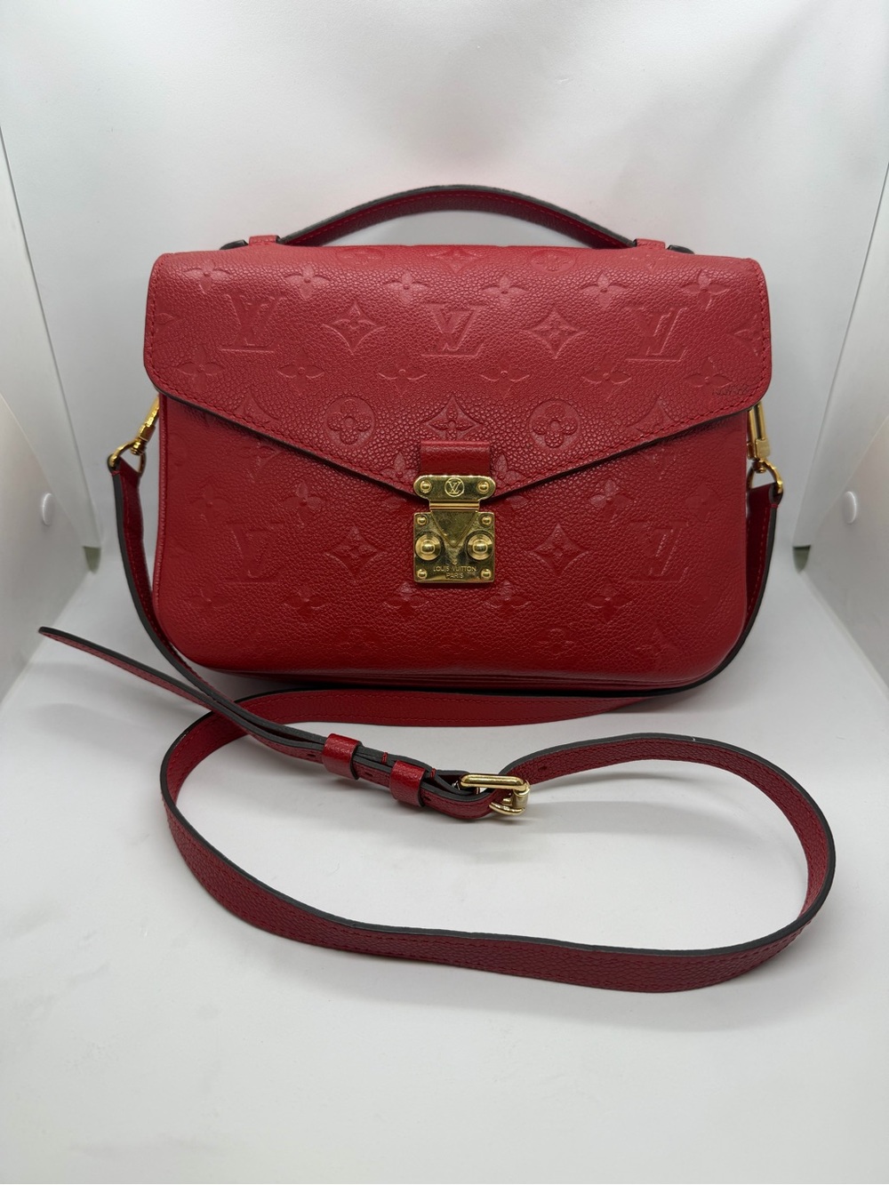 Louis Vuitton Red Embossed Monogram Satchel with Gold Hardware
